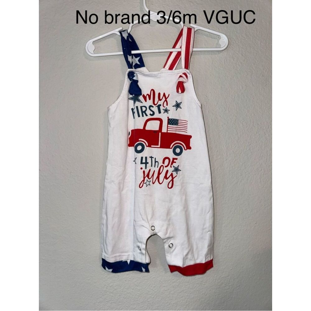 White 4th of July Baby Romper Red Truck Patriotic Stars Stripes 3-6 Months